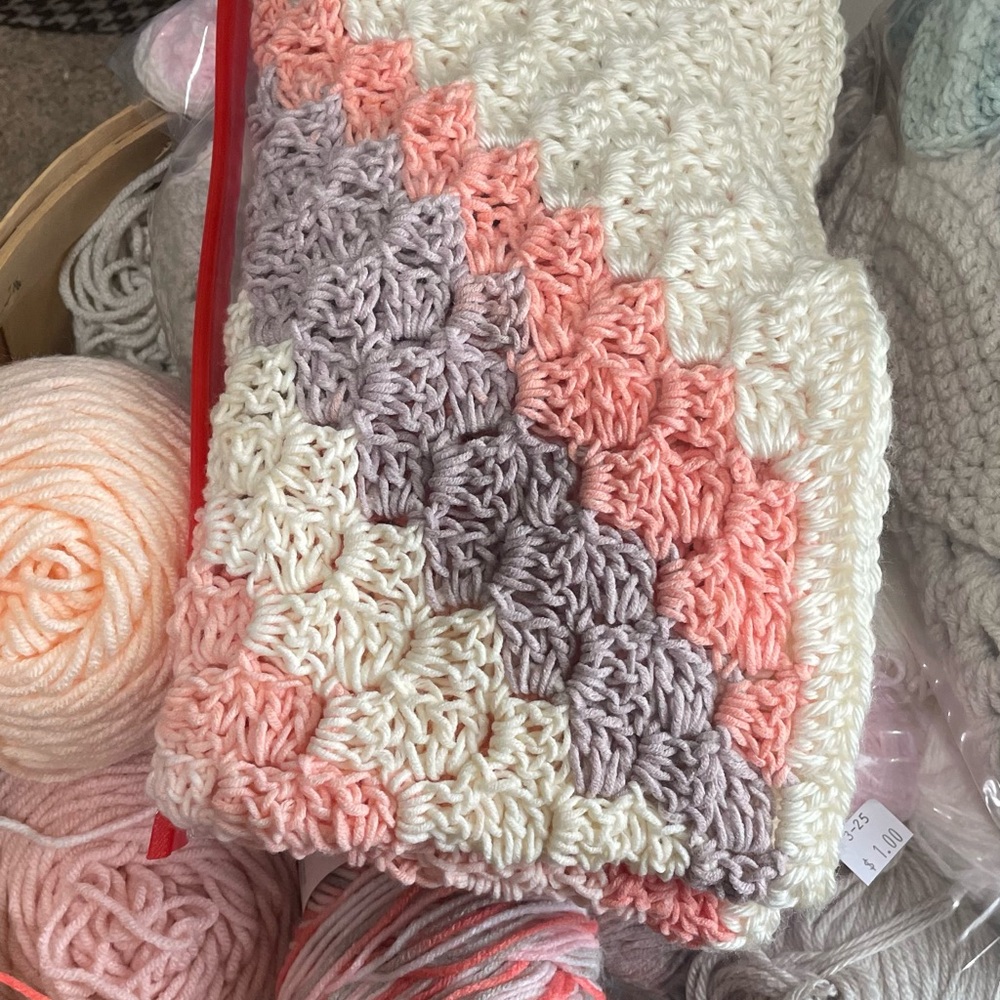 Handmade Crochet Blanket for Kids - Cream, Pink, and Gray
